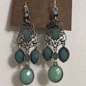 Lia Sophia "St. Topez" Matte Silver Tone w/Blue Resins Chandelier Earrings